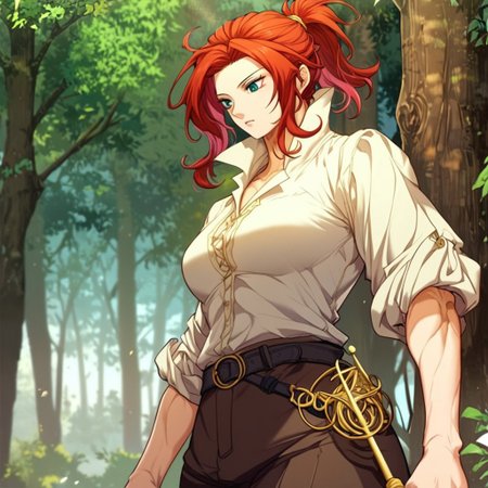 score_9, score_8_up, score_7_up, masterpiece, very high quality, Anime_source, AliciaTermina, blue eyes, red hair, medium hair, ponytail, working uniform, epiCPhoto, brown pants, white top, belt, abs, trees, dark sky,
