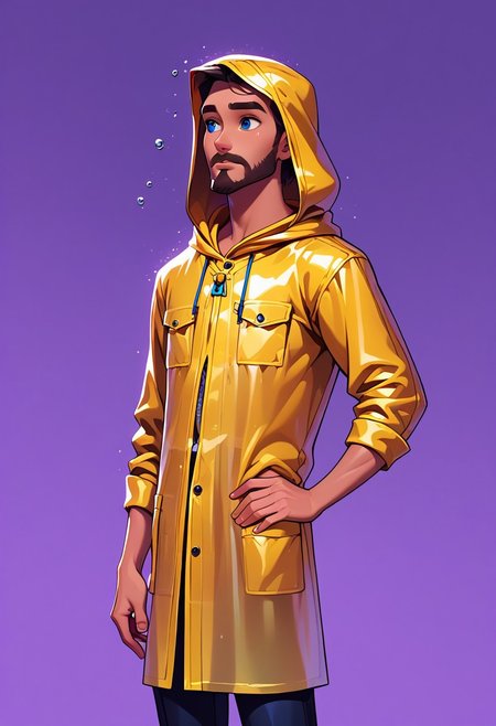score_9, score_8_up, score_7_up, mgas, masterpiece, best quality, detailed eyes, detailed face, perfect eyes, high detailed, absurdres, highres, casual game art, mobile game art, merge 3 game art, character design, BREAK, 1boy, man, mature, solo, handsome, thoughtful, (muscular), blue eyes, dark brown short hair, beard and mustache, yellow hooded raincoat, ((hood on head, black laces from the hood:1.5)), black buttons on the raincoat, two pockets at the bottom of the raincoat, ((water drops on the raincoat:1.5)), BREAK ((right hand up to forehead:1.2)), (left hand on hip:1.5), standing, cowboy shot, BREAK looking into the distance, simple background, purple background, rain