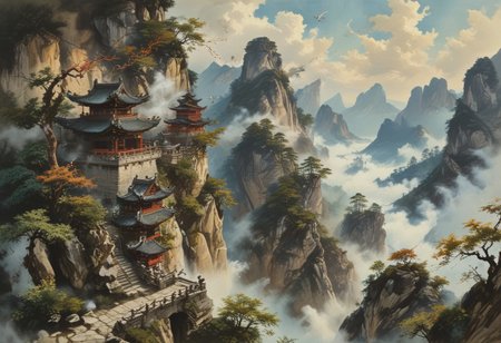 ultra fine detail, highly detailed and intricate details, cinematic, high definition, Tianzi Mountains, Chinese mountains, blue skies,  forest, river, birds flying, sun behind mountain, shadow cast, The mountains are tall, there are few trees on the mountain, there are stone stairs leading up the mountains, the mountains pierce the sky, the clouds are swirling around the frog shaped mountains, the clouds are breaking apart allowing light to pass through them, there is an old monk on the stair case, the old monk is smoking from a pipe and watching the dragons, there are red wooden guard railings along the stair case up the mountain, dragons flying between the mountains, dragons of mountain peaks, advntr, (ink-style, ink_wash_painting),