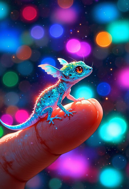 A tiny alien gecko with translucent, crystalline skin that refracts light into dazzling rainbow colors. It has six delicate limbs, two of which are curled in a cute resting position. Its tail has a jelly-like glow, shifting in hues of cyan and fuchsia. It clings lightly to the personâs fingertip, looking up with bright, intelligent eyes. The background is a blurred futuristic cityscape, filled with neon holograms and colorful bokeh lights.