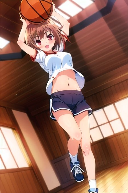 (1girl), masterpiece, best quality, absurdres, cute, extremely detailed face, perfect lighting, (bedroom), kashii airi, short hair, brown hair, basketball uniform, shorts, jumping, navel, gym, <lora:kashii_airi:0.8>,