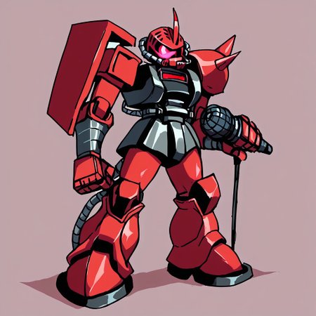 solo, holding microphone, standing, full body, source_cartoon, score_9, score_8_up, score_7_up, red garma_zaku, red monoeye, pink monoeye, crimson monoeye, no monoeye visible, metallic heathawk, shoulder decals, simple background
