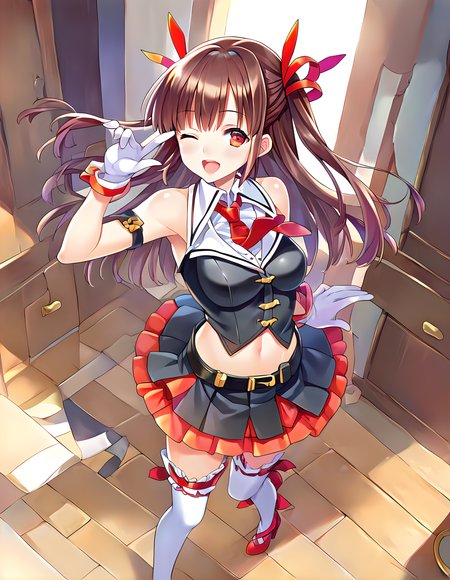 <lora:pony_xl_yuzuriha:0.8>,yuzuriha,score_9,score_8_up,score_7_up,source_anime,1girl,bare shoulders,black vest,midriff,white sleeveless shirt,necktie,navel,white gloves,belt,black pleated skirt,red frill,white thighhighs,red high heeled,laughing,;d,one-eyed wink,light_blush,cowboy_shot,indoor,