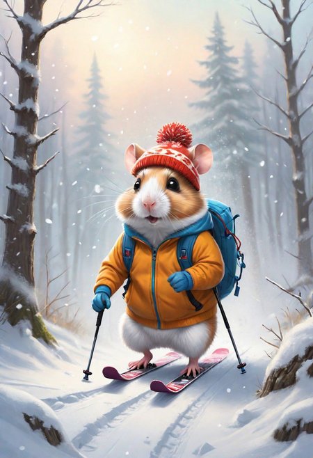 a complex illustration of a mighty  cloudy Jungar hamster Cross-country skiing in the woods, in a knitted hat, dressed in a tracksuit, winter, snow, snowflakes falling towards the viewer, trees and snow, in a huge cloud of dust, plump, hyperrealistic scene, heavy rain, detailed focus, art by Aaron Jasinski, epic fantasy scene, bright colors, Enchanted masterpiece, Fantasycore, Award-Winning, Masterpiece, contrasting, faded, <laura:Devastation:0.5>