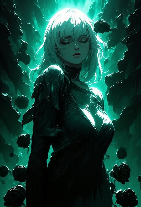 8k resolution, Absurd resolution, An Acrylic style painting that is expressive, gives it a dynamic and emotional quality. Anime art of a stylized portrait of a woman with a ethereal black and green mist surrounding her body. The mist creates a dramatic and surreal effect. The woman has a cold aesthetic, complimented by her white hair. Anime art of woman draped in shadows with a lighting that enhances her unique features.
The background is dark green, filled with black rose petals.