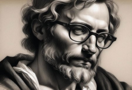 (masterpiece), 
Black and white Renaissance drawing of a mid-age man, short beard, large glasses,
Black and white tones,
HDR, highly detailed, 32k, 
looking at viewer, Style-Renaissance