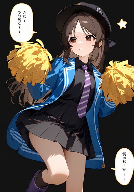 1girl, 
tachibana arisu, idolmaster, 
open jacket, speech bubble, closed mouth, black background, long hair, hat, tachi-e, full body, parted bangs, simple background, dot nose, open clothes, black hat, brown eyes, hand up, boots, tengu, black socks, black shirt, looking to the side, long sleeves, solo, black skirt, star \(symbol\), socks, arm behind back, frown, pleated skirt, blue jacket, kneehighs, pom pom \(cheerleading\), alternate costume, purple necktie, shirt, necktie, brown hair, jacket, skirt, wavy mouth, standing, purple footwear, half updo, 
masterpiece, newest, absurdres, safe
 <lora:2080ti_ag31_tachibana_arisu-000007:1> <lora:a31_style_koni:1>