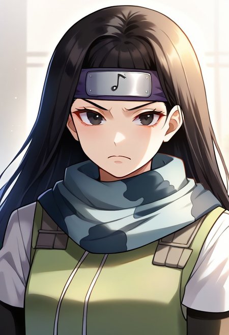 kin tsuchi, black hair, low-tied long hair, black eyes, forehead protector, hair bow, green vest, grey scarf, arm warmers,,<lora:Kin tsuchi 8-000011:1>