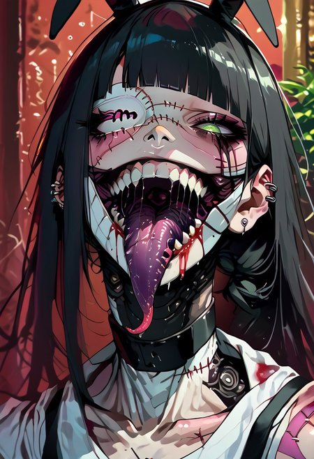 score_9, score_8_up, score_8, rating_explicit, 1man, muscular body,  solo, long hair, black hair, hime cut, blunt bangs, black eyeliner ,   pink nipples,  , feminine face,  multiple ear piercings, mole under eye, mole under lips, mole on chest, loose foreskin, black chocker, green eyes, ponytail,  Rabbit Ear Bow Headband, eyelashes,  pectorals, eyeshadow, parted lips, toned, muscular, collarbone, eyepatch,   big chest, veiny skin, black veins visible under skin,  tongue  out, saliva, saliva trail,  bloody knife, Zombie, exposed spine, hole in stomach, tentacles in mouth, tentacles, (((stitches))), injury, scars, (((injury))), (((scars))), blood, black tears, smiling, grinning, black lips, (((bandages))),  long tongue, sticking out tongue, black tongue, very long tongue, scary