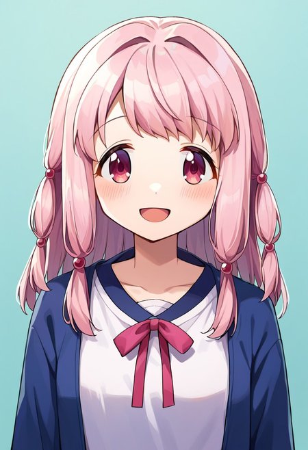 score_9, score_8, score_7, source_anime, tamaki ui, 1girl, solo, looking at viewer, smile, blush, shirt, open mouth, dot nose, sidelocks, ribbon