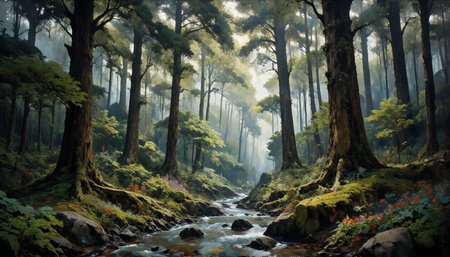 Mist-shrouded ancient redwood forest, towering giants reaching skyward, dappled sunlight filtering through dense canopy, soft emerald moss carpeting forest floor, delicate ferns unfurling, crystal-clear babbling brook winding through, weathered granite boulders, vibrant wildflowers in clearings, ethereal morning light, untouched wilderness, pristine ecosystem, rich biodiversity, earthy scents, natural harmony, 8k resolution, photorealistic detail, soft focus edges, atmospheric depth, cinematic lighting <lora:Memadukan_Brush_Strokes_of_Fineart:0.9> <lora:Niji V2B:0.8> <lora:aidmaMJ6.1-FLUX-v0.4:0.9> <lora:flux_dev:1>