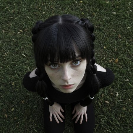 supercute, beautiful woman in a park in autumn, narrow oval face, skinny face, natural, pale white skin, black straight hair, thick hair, thick long bangs, big eyes, two carefully precisely braided pigtails, wearing all black, kneeling in grass, looking up at viewer

photo taken from above, pov