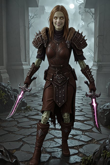 masterpiece, good quality, best quality, very awa, very as2, absurdres, highres, 3d
 <lora:Lilian VossilluLoRA:1>LilVoss, grey skin, zombie, colored skin, undead, long hair, middle parting hair, joints, glowing eyes, brown pauldrons, Stitches, top, brown vambraces, brown gloves, Spikes, shoes, fur trim, brown pelvic curtain, brown pants, stitched mouth, scars, holding dagger, dual wielding glowing eyes, yellow eyes,grin