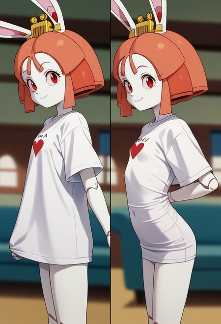 1girl, solo, (Tokugawa Usako, rabbit girl, white skin, ((android)), doll joints, petite, skinny:1.3), score_9, score_8_up, score_7_up, score_6_up, score_5_up, score_4_up, chibi, short legs, rabbit tall, slightly smil, small breasts, thin waist, smile, red eyes, blurry background, out of focus, Expressiveh, looks at the viewer, pajchall, multiple views, t-shirt, arms behind back, 3/4 side view