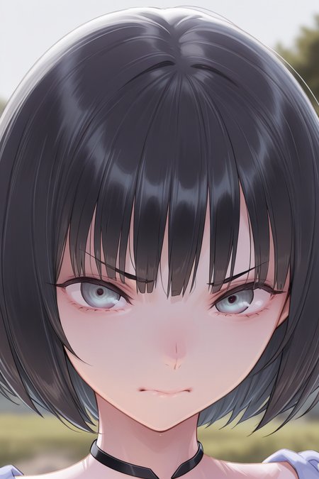 masterpiece, best quality, amazing quality,
<lora:Uta_IL:1> uta, solo, looking at viewer, black hair, portrait, short hair, blurry background, blurry, closed mouth, choker, grey eyes, bangs, close-up, bob cut, outdoors, angry look
