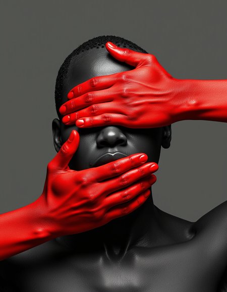 This image is a compelling piece of conceptual art that uses minimalist elements to evoke powerful emotions and themes. The interplay of smooth monochromatic tones with the vivid, textured red of the hands creates a striking visual dichotomy that emphasizes control, suppression, and vulnerability. The piece is hauntingly effective in communicating its underlying themes, prompting a visceral and reflective response from the viewer.