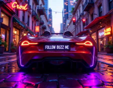 A hyper-realistic day scene: rear view of a stylish car, lighting license plate "FOLLOW BUZZ ME", purple neon on each side under the car, illuminated taillights. Dynamic cityscape backdrop, modern skyscrapers with warmly lit windows. Reflections on the shiny surface of a car. The streets vibrate with energy, 3 neon signs flicker. Atmosphere charged with urban excitement and technological progress. a traffic light turning red in the distance.
<lora:Cute_3d_Cartoon_Flux:1>