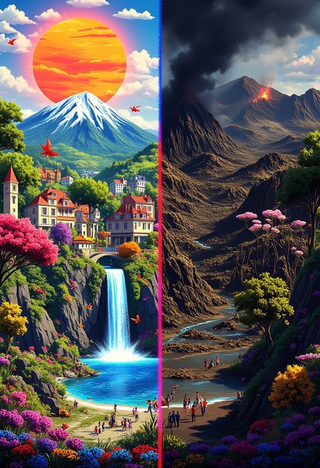 Very detailed, realistic photo of a landscape. beautiful colorful, lively fantasy city. deserted, dark, lifeless wasteland. left side is beautiful. living waterfall, colorful asymmetrical and abstract flowers and trees, sun, animals, people, city, houses. 
On the right you can see a destroyed mountain landscape after a volcanic eruption. no life, scorched earth, burned trees, smoke darkens the sky.
The right landscape looks dark while the left side is bright and lively.
perfection style, vivid colors, colorful, dark background, 
NewFantasyCore, aidmamj6.1