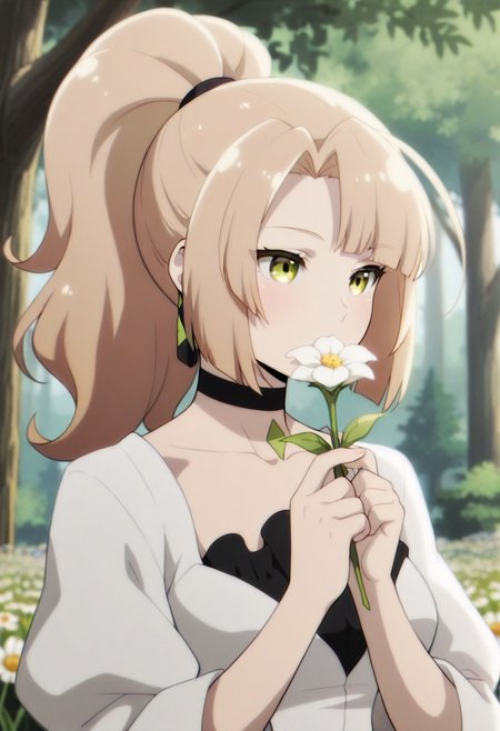 masterpiece,best quality,amazing quality, lorraine vivie, light brown hair, long hair, yellow-green eyes, 1girl, solo, flower, holding, holding flower, ponytail, choker,  tree
