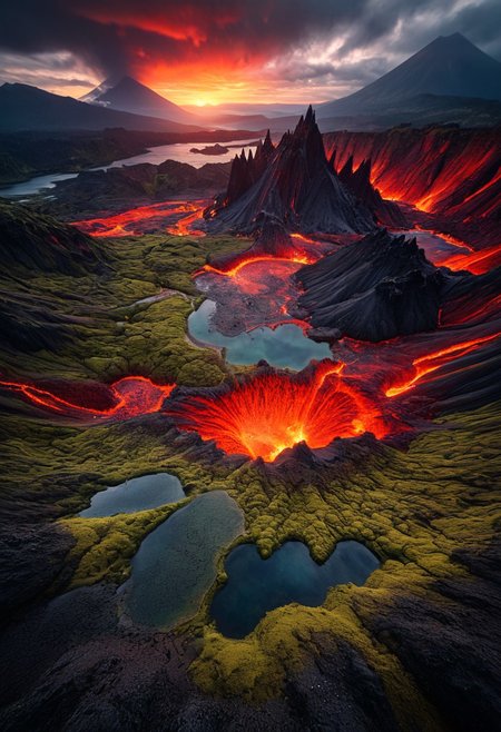 ultra HD, high quality, 4K, score_9, score_8_up, score_7_up, photo, extremely detailed, 8k, high quality, Source_photo, real photo, sharp, highly detailed and hyper realistic,masterpiece, masterpiece, best quality, vivid colors, high quality, RAW photo, (fantasy landscape:1.2),(surreal landscape:1), neo-expressionist aerial landscape photograph, volcanic textures, ethereal light play, moss-covered ridges merging with crystalline lakes, geological forces meeting atmospheric drama of red and grey sky --style ethereal, hyper-detailed realism, 8k quality, masterpiece clarity, spatial composition, subtle interplay of shadows and luminous highlights, epic landscape, colorful scenery,
, detailmaximizer, midjourneyv6.1,