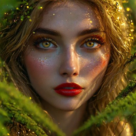 A hidden clearing, moss-draped forest, pulsed, otherworldly glow light. A bonfire, branches of rowan, (dancing shadows:1.2),  whirlwind of violet and gold, surprised look on her face, detailed green/blue eyes, (red lipstick with brown tones) (detailed face:1.2), (golden glitter:1.2), hair mixed with leaves