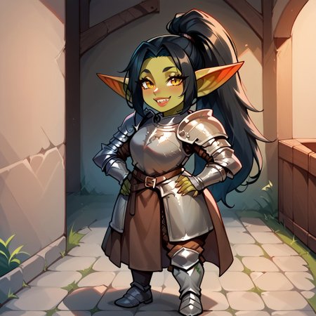 1girl, black hair, ponytail, sharp teeth, enormous lips, medieval armor, closeup, goblin woman, green skin, medieval clothes, large smile, boisterous smile, Expressiveh, yellow eyes, very muscular, pointed ears,  female goblin, Goblin, solo, long hair, gremlin energy, mischievous smile, very short woman, mega ponytail, fully clothed, short stature, shortstack, full armor, plate armor