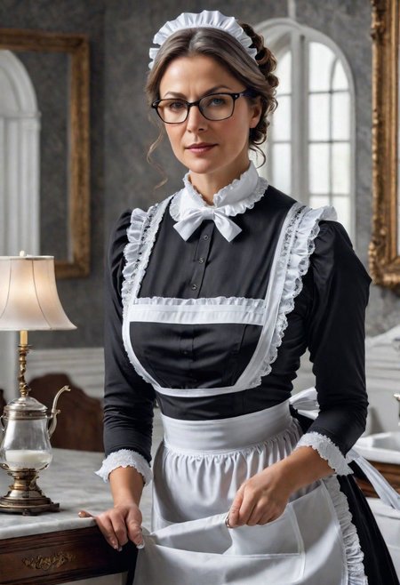 beautiful 45 year old woman, medium length brown hair streaked with gray, gray eyes, glasses, square face, rounded cheeks, hourglass figure, slightly overweight, victorian maid, standing in a victorian parlor