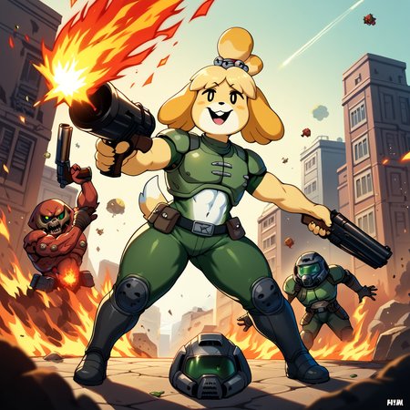 score_9,score_8_up,score_7_up,score_6_up,score_5_up,score_4_up BREAK holding shotguns,1girl,isabelle \(animal crossing\),happy,thick thighs,furry,doom \(series\),fire,explosions,demons,shotgun,cover page,city,<lora:doomguy-v1_pdxl:0.8>,male,doomguy,1boy,armor,helmet,