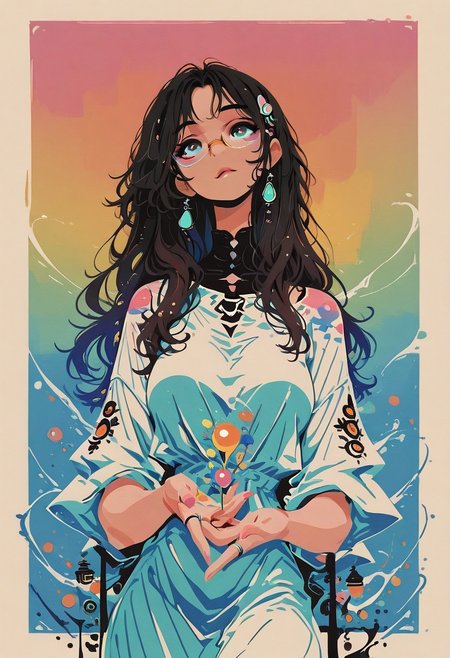 masterpiece, high quality, highres, flat colors, gradient, retro colors, sketch, ink splash, rings, abstract, dynamic angle, cinematic, detailed_hands, elegant_fingers, beautiful_feet, 
1girl, solo, pin up, dark hair, long hair, glasses, makeup, hair ornament,
summer dress
closeup, portrait, outside border