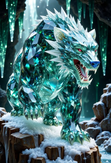 FluxEpicDragon, a crystalline bear made of cut aqua emeralds and blue diamond gemstones with subsurface scattering and light transmission, with a small head, in a beastly stance, roaring shockwave with large crystal fangs, monstrous and colossal, jagged gemstone fur, inside a greenish ice cavern with greenish ice stalactites