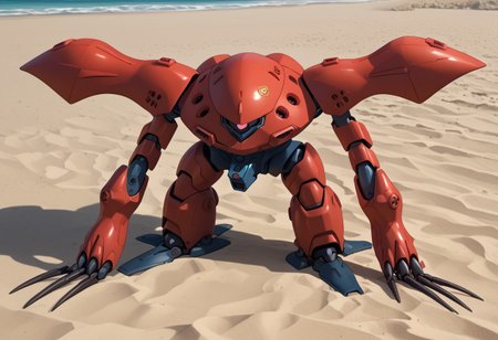 score_9, score_8_up, score_7_up, source_anime, front view, BREAK, ( hygogg, red_hygogg_armor, red hygogg, pink monoeye, looking at viewer, leaning forward, long arms, very long arms, long claws) 1mech, red mech, wide mech, large shoulders, large shoulder armor, mech focus, solo, BREAK, on beach, waving,