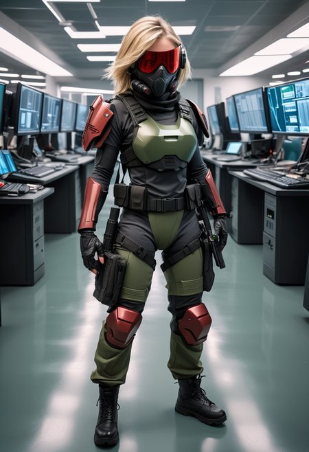 (medium full shot) of (strategic futuristic soldier) young woman, willowy build, medium blonde hair, mexican, ebony skin, olive green eyes, wearing a stealth helmet with integrated mask, Titanium red plated chest armor with energy core, reinforced combat pants, combat boots, (wielding a  pulse pistol), energy blade gauntlets equipped with a tactical backpack, set in  Surveillance Hub, Cold, sterile room filled with banks of monitors displaying live feeds from security cameras, a lone operator at a console surrounded by blinking lights and control panels, the faint whirring of ventilation fans, the ever-present sense of being watched , at sunset, ,Masterpiece,best quality, raw photo, realistic, very aesthetic