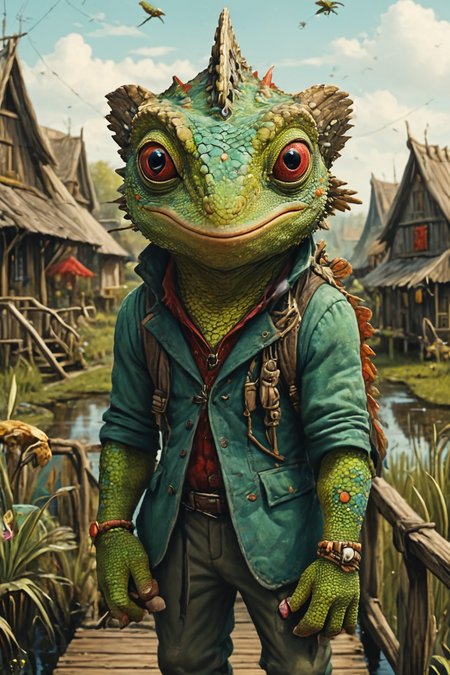 Detailed digital portrait of an anthro Chameleon at a Marshland village with wooden walkways, <lora:xl_more_art-full_v1:0.5>,  <lora:The_Crazy_Style:0.7> <lora:anthro_muscular:0.7>
