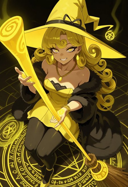 very awa, masterpiece \(quality\), year2024, year2023, West Studio, (vibrant colors), (high contrast:1.3), masterworks, best quality, amazing quality, very aesthetic, absurdres, (detailed eyes:1.5), expressive face, anime studio, anime art, (good hands:1.3), (better hands:1.3), (perfect hands:1.3), (dutch angles), from above view, ((looking towards viewers)), overview, BYQJ, long eyelashes, expressive eyes, perfect eyes, no outline, haiz_ai, no lineart, taro, tarot, ((the chariot)), ((vii)), colorful, full color:1.3, 
solo, female, (mature), yellow eyes, yellow hair, long hair, curly hair, side bangs hair, small-medium breasts, grin smile,
yellow witch hat with black ribbon, yellow minidress, bare shoulders, strapless, gold earrings, gold necklace, gold bracelets, black fur coat, pantyhose, yellow heels,
(conjuring yellow magic on her hand:1.5), (broom ridding pose:1.5), (side saddle pose:1.3), (sitting on the flyingbroom:1.5), (flying:1.3), (floating:1.3), mid air:1.3, (yellow magic circles forming around her:1.5), (intricate details and patterns on the magic circle:1.5)
abstract background, magical theme, magical background,