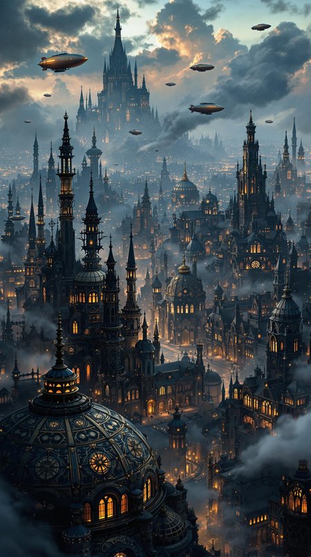 depicting a sprawling, fantastical cityscape with a steampunk aesthetic. The layout is a wide panoramic view showcasing a dense array of intricately designed buildings with pointed spires, domes, and elaborate architectural details. The structures are predominantly dark with hints of blue and bronze, creating a moody atmosphere. In the sky, several airships float among the clouds, adding to the steampunk theme. The city is bathed in a soft, diffused light, suggesting either dawn or dusk, with a warm glow emanating from windows and streetlights. Smoke rises from chimneys, contributing to the industrial feel. The foreground features a large, ornate dome with intricate patterns, while the background reveals a vast city stretching into the distance, with towering buildings silhouetted against the sky. The overall scene is rich in detail, evoking a sense of wonder and adventure.