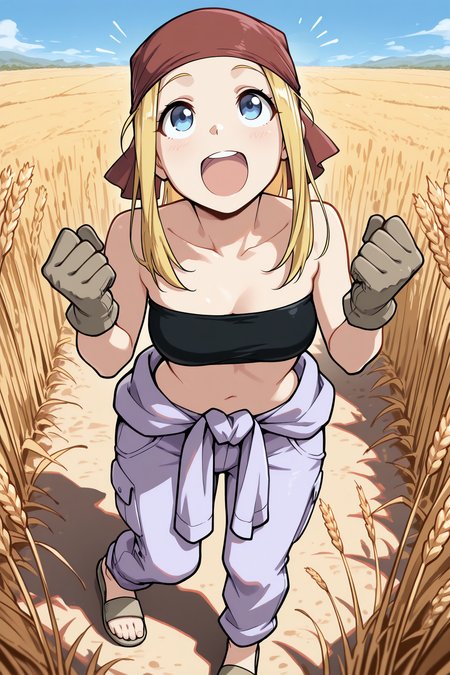 masterpiece, best quality, 1girl, solo, <lora:winryrockbell-illu-nvwls-v1-000007:1> wnrbll, blonde hair, sidelocks, long hair, blue eyes, red bandana, black bandeau, midriff, clothes around waist, light purple pants, brown gloves, sandals, excited, clenched hands, open mouth, upper teeth only, looking up, blue sky, wheat field, wide shot