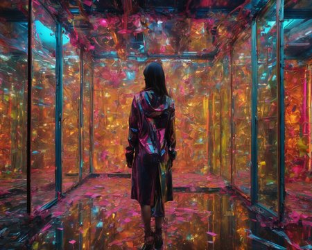 Hyperrealistic art Technopunk,photolab,Kodak portra,Light caustics,Color splash,Multiple layers of silhouette,Pencil painting,trending on CGSociety,"Through shattered mirrors of memories,reflections of a soul emerge,fragmented yet beautiful.",dripping fluorescent colorfull,(Wonderful, intricate),(a superb Art Brut Decollage art),<lora:Sweet_Sticky_xl-01:1> . Extremely high-resolution details, photographic, realism pushed to extreme, fine texture, incredibly lifelike