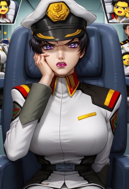 score_9, score_8_up, score_7_up, zPDXL3, Expressiveh, source: anime, anime screencap, anime coloring, natarle, 1girl, solo, blue sky, purple eyes,black hair,short hair, purple lips, perfect face, detailed face, perfect lips, ultra-detailed eyes, detailed hair, (perfect anatomy, perfect proportions), large breasts, ultra-narrow waist, ultra-fit figure, ultra-flared hips, ultra-round ass, butt crack, tight ass, shapely legs, peaked cap, military uniform, skirt, pantyhose, boot, indoors, detailed backgrounds, science fiction, naval warship interior, modern warship, command bridge, sitting in captain's chair, leaning back on chair, sci-fi consoles, crew in background, hand on cheek, thinking emoji, furrowed eyebrows, disgusted, grimacing, parted lips, determined, looking at the viewer, (close-up on face, portrait: 1.3), focus on face, viewed from front