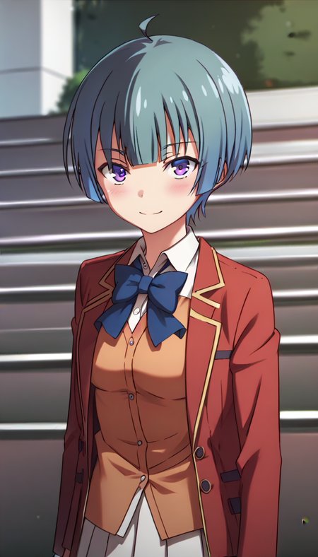 score_9,score_8_up,masterpiece,best quality,correct anatomy,anime_source,1girl,solo,perfect eyes,perfect arms,perfect legs,perfect face,outdoors,upper body,(portrait:1.5),looking at viewer,facing viewer,smile,blush,Ibuki Mio,ahoge,short hair,blue hair,blunt bangs,purple eyes,school uniform,red jacket,blazer,orange cardigan,blue bowtie,white shirt,collared shirt,dress shirt,long sleeves,medium breasts,skindentation,miniskirt,white skirt,pleated skirt,black socks,loafers,brown footwear,<lora:Ibuki Mio(cote)-Pony:1.6>,