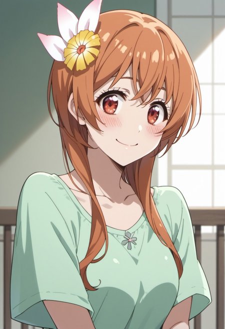 score_9, score_8_up, score_7_up, source_anime,  tachibana marika, orange hair, red eyes, long hair, 1girl, solo, smile, hair ornament, flower, blush, hair flower, green shirt, collarbone, shirt