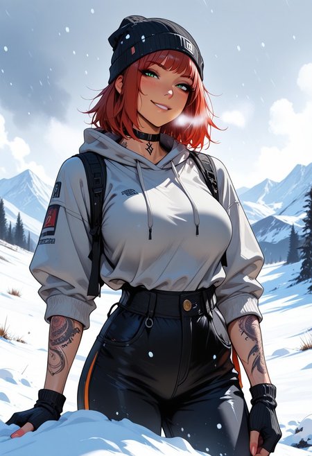 highres, very detailed, amazing quality, masterpiece,
very aesthetic,
glitter, particle effect,
1girl, solo, tan skin, toned arms, Covered in Tattoos, tattoo, arm tattoos, neck tattoos, chest tattoos, hoodie, beanie, large breasts, choker, knit gloves, visible shoulders, sleeves rolled up, forearms visible, 
seducing, seductive, flirty, tender, loving, playful, looking at viewer, smirk, posing, playing in the snow, snowball, 
Hiking on a mountain, snowing, Cloudy Sky,