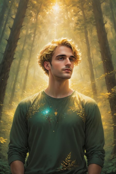 cosmic canvas,  forest background, painting of a handsome man,clothing_male_top_, French crop, Metallic gold hair,  surrounded by clouds, <lora:Cosmic_Canvas_SDXL:1>