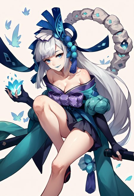 score_9, score_8_up, score_7_up, source_anime, 1girl, aoandon, hair ornament, blue lipstick, off-shoulder kimono, japanese clothes, cleavage, purple bow, black skirt, fingerless gloves, elbow gloves, white hair, long hair, blue eyes,  <lora:Aoandon-pdxl-1:1>, smile