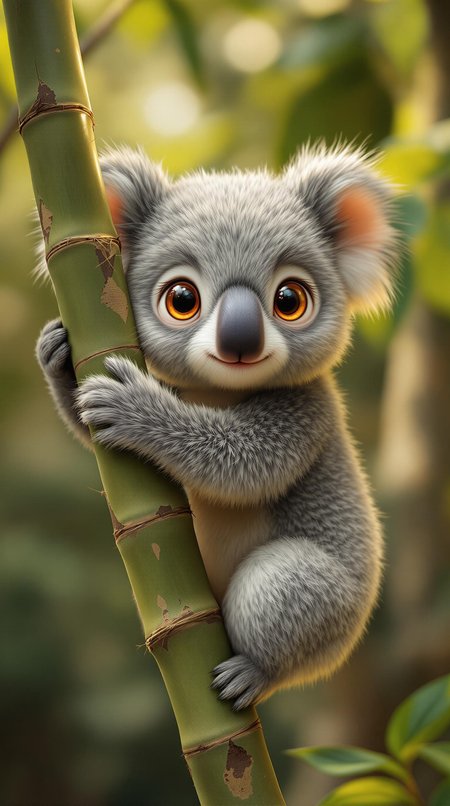 Create a hyper-realistic, extremely detailed image of an adorable anime-style koala climbing a long, curved shoot of bamboo with intricate, realistic textures and nodes. The koala features large, shining brown eyes, fluffy grey fur, cute nose, and a gentle smile. Warm, soft lighting with subtle bokeh; lush green foliage hints. Extreme Detail, Cinematic Quality: meticulous textures, lighting, and anime-style charm, with the koala's paws and nose slightly dusty and the bamboo's gentle sway.