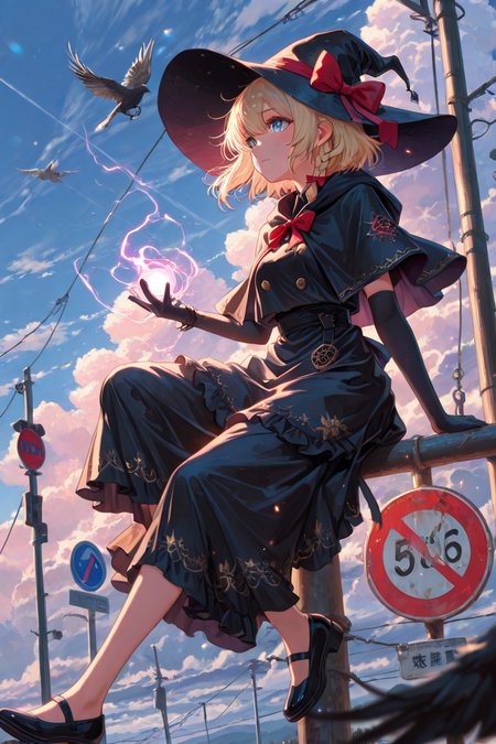 masterpiece, best quality, amazing quality, aesthetic, volumetric lighting, ambient light, dark shadows, depth of field, vivid colors, low key lighting, dynamic angle, dynamic pose, lens flare, 1girl, apron, black apron, black capelet, black gloves, black hat, black skirt, black shoes, black vest, blonde hair, blue eyes, blue sky, bow, bowtie, braids, wind, buttons, capelet, closed mouth, cloud, day, doves, elbow gloves, full body, hair bow, hat, hat bow, ligne claire, looking afar, mary janes, no parking sign, road signs, outdoors, red bow, red bowtie, shirt, short hair, side braid, sign, sitting, skirt, skirt set, sky, solo, speed limit sign, vest, waist apron, witch hat, magic, zstyle, very awa, absurdres,very aesthetic