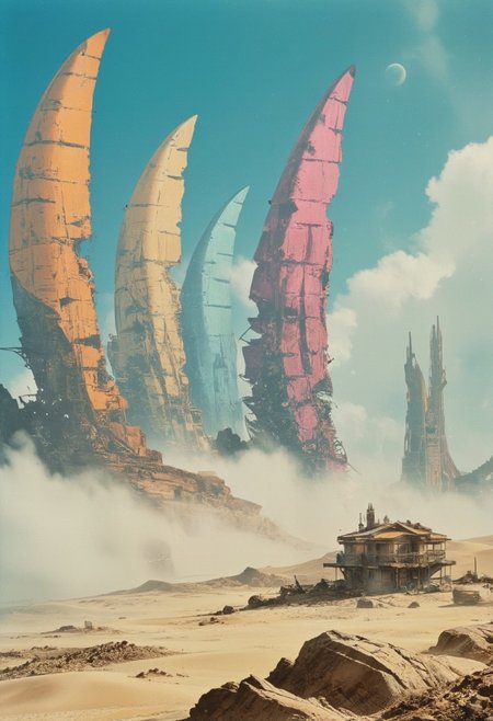 Faded neon colors of the 80s, washed-out pastel tones in spectral hues, combined with dystopian beige and gray. Retro scan of an 80s anime sci-fi book, lofi, grainy, vintage, melancholic yet futuristic.
A digital painting in the style of ck-js: Towering, weathered solar sails rise like colossal skyscrapers into the washed-out sky. Some sails remain taut, shimmering in faded neon hues of pink, cyan, and violet as they desperately capture the last energy of the pale sun. Others hang torn and broken, their jagged edges flapping in a slow, ghostly wind. Below, the barren desert stretches endlessly in cracked beige and muted gray, its fractured surface echoing the desolation of the world.
Among the sails lie abandoned structures: a translucent, gray plastic villa, eroded by sand, and a faintly glowing observation tower emitting soft pastel neon light. The horizon blurs into a swirling haze of dust, with the dim, dystopian sun casting long, harsh shadows across the wasteland. The composition is cinematic, with volumetric lighting, soft shadows, and a subtle film grain that adds to the vintage, otherworldly atmosphere. This hyper-detailed, hyper-realistic scene captures a melancholic beauty, blending faded 80s neon nostalgia with the stark decay of a dystopian future.