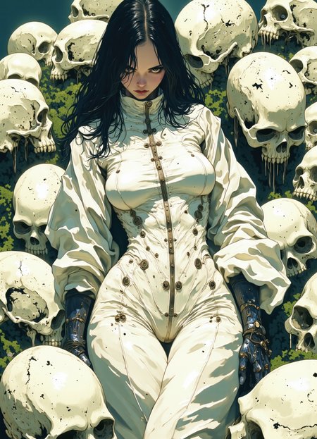 a sensuous woman wearing sexy hazmat suit surrounded by a pile of human skulls. The woman's alluring gaze and sensual pose convey a sense of cold, calculated evil. The sculls are ancient, covered in moss and goo.  The juxtaposition of the organic human skulls with sexy pose of the woman emphasizes the deadly impact of beauty and femme fatale.   The overall atmosphere is one of dread and impending doom, reflecting the iconic horror and sci-fi themes.  anime_martz, anime_source, DB4RZ, DB4RZ style painting, anime, cyberpunk