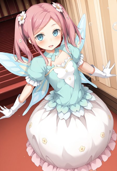 highres, best quality, masterpiece, indoors,
1girl, solo, kkanommk, pink hair, twintails, hair flower, blue eyes,
white skirt, puffy sleeves, white gloves, fairy, fairy wings, bubble skirt, 
looking at viewer, blush, smile,
theater, dynamic pose, open mouth, 
<lora:_momoka_koikano-elesico-ilxl:1>
