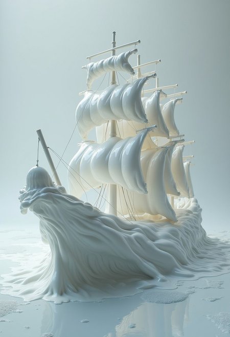 liquid marble ship, surreal liquid marble, a ship that is made out of liquid marble, the ship is forming out of a wave, very surrealistic in another universe, unrealistic, white liquid marble that forms the world,  the marble wavesbecomes one with the ship, liquid marble surrealistic image, ship made out of liquid marble,
