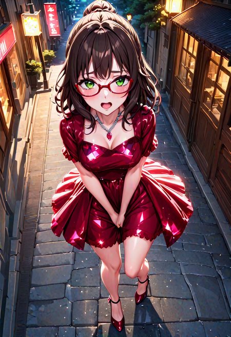 masterpiece, best quality, Ray tracing, hdr, volumetric lighting, highres, detailed background, night, dark, 1girl, solo, scenery, outdoors, city park, pixiv, (very dark brown messy hair:1.4), green eyes, messy hair, updo, hair bangs, (glasses:1.6), zettai ryouiki, medium breasts, short ruby red crystalline dress, heels, necklace, walking down street, talking to viewer, mouth open, hand in crotch